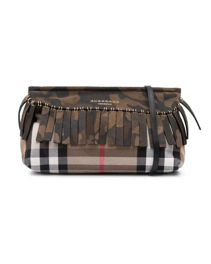 Burberry Hobo Bags House Check Canvas and Suede Camouflage Fringe Clu braun Braun