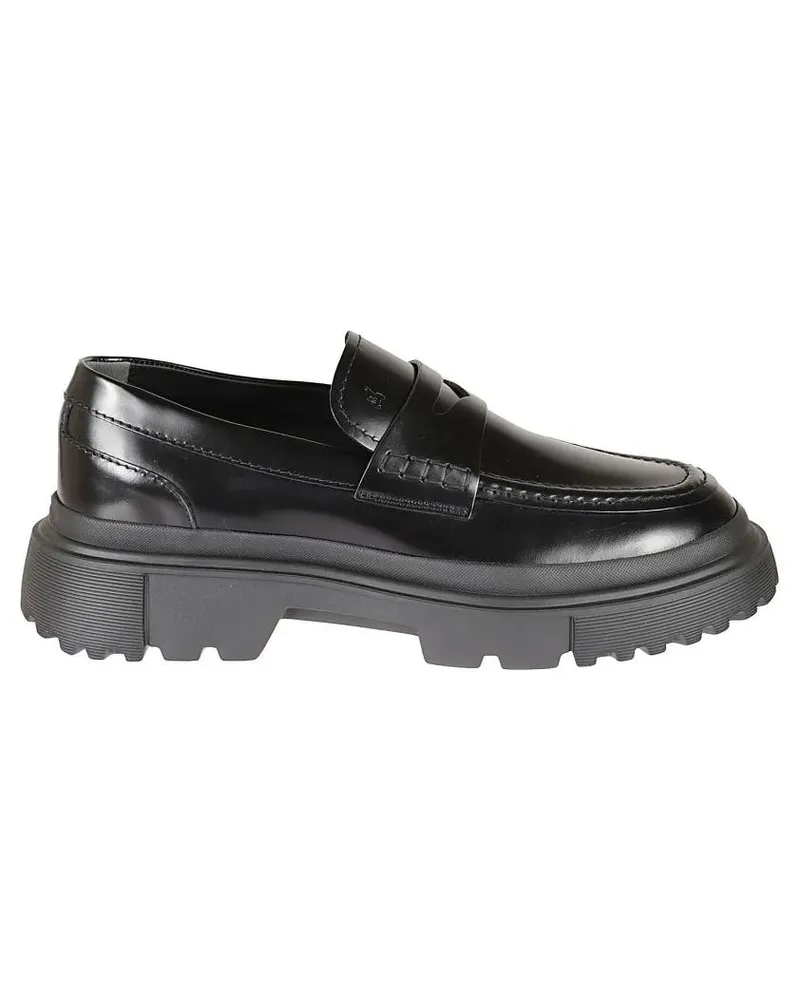 Hogan Loafer Black Leather Moccasin With Embossed Logo grau Grau