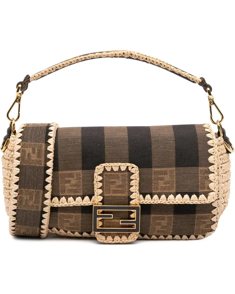 Fendi Hobo Bags Pequin Gingham Canvas And Raffia Baguette Satchel braun Braun