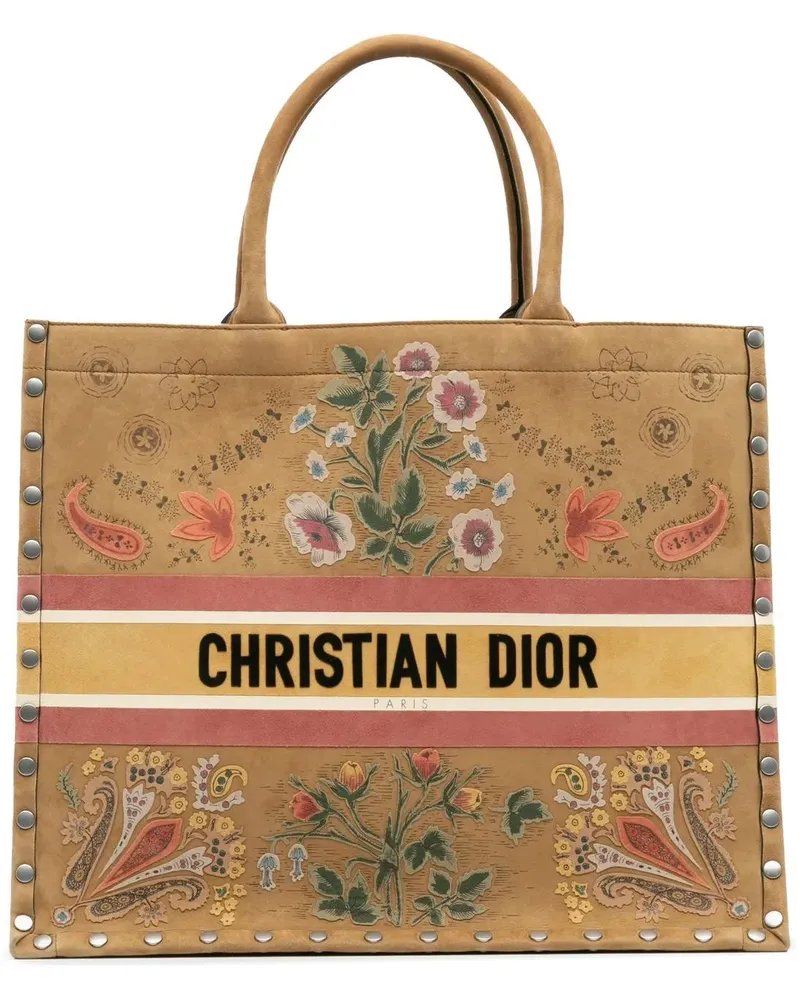 Dior Shopper Large Studded Embroidered Suede Floral Book Tote braun Braun