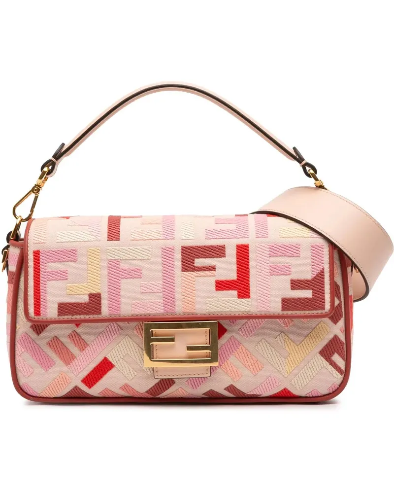 Fendi Hobo Bags Zucca Embroidered Canvas Baguette Satchel rosa Gold
