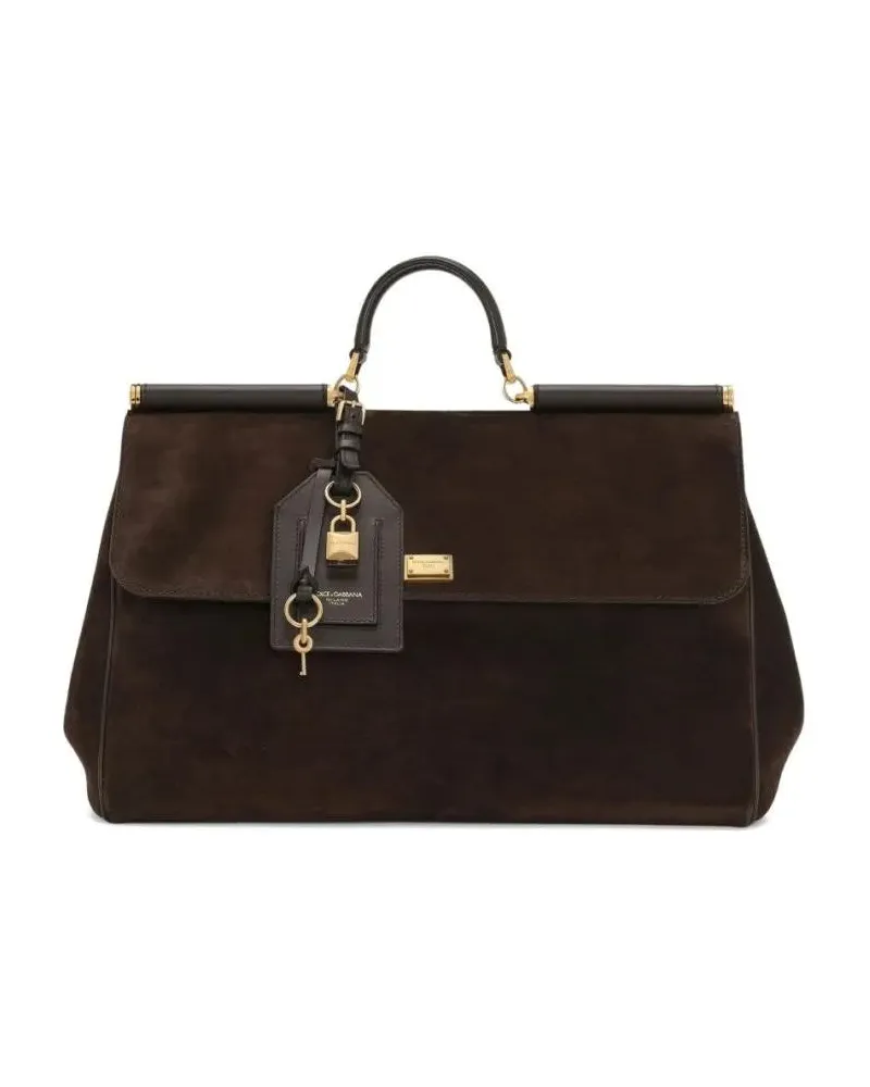 Dolce & Gabbana Shopper & Totes Structured Brown Suede Handbag With Gold-Tone Lock schwarz Schwarz