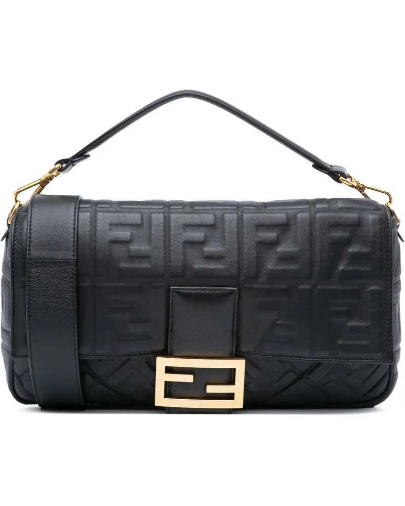 Fendi Hobo Bags Large Zucca Embossed Leather Baguette Satchel schwarz Schwarz