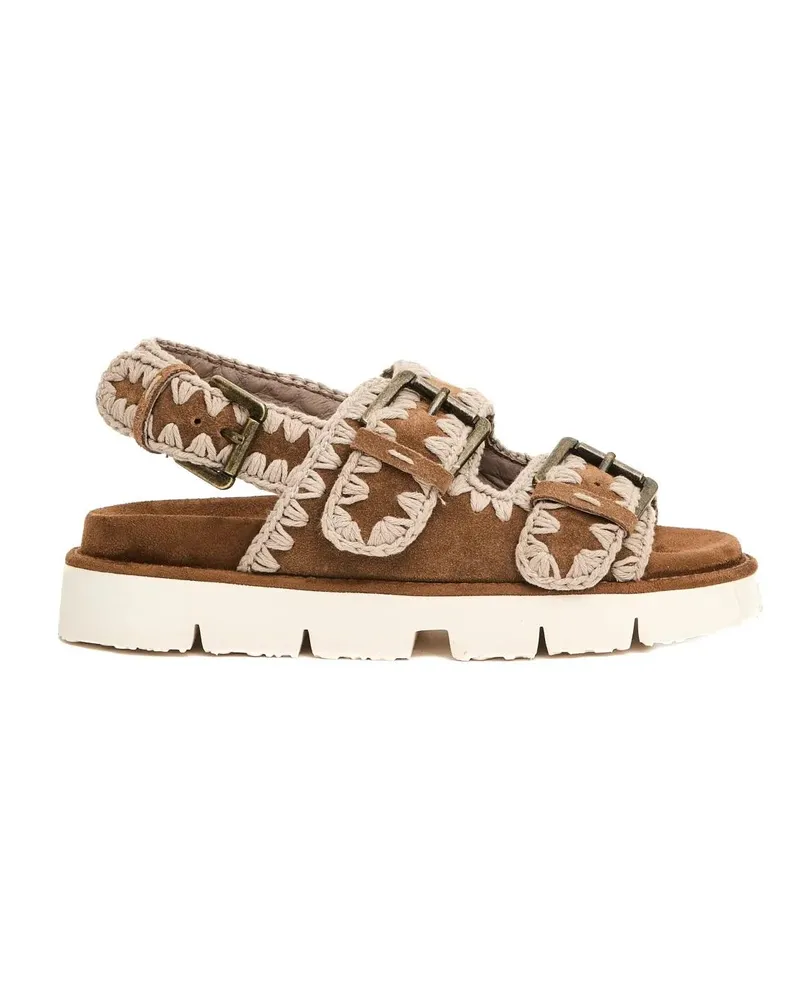 Mou Sandalen Double Buckle Suede Sandals With Contrasting Stitc braun Braun