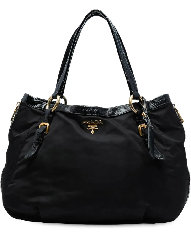 Prada Shopper Naplak Trimmed Tessuto Side Zip Tote schwarz Schwarz