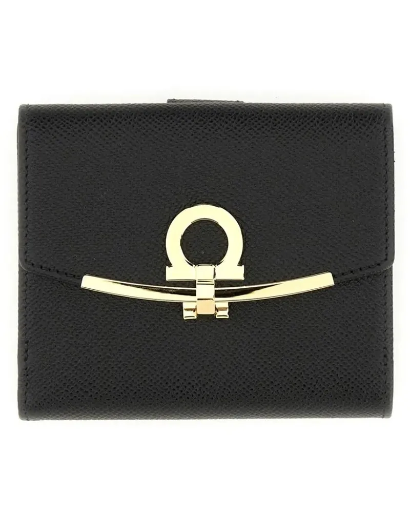 Ferragamo Portemonnaie Black Calf Leather Gancini Wallet schwarz Schwarz