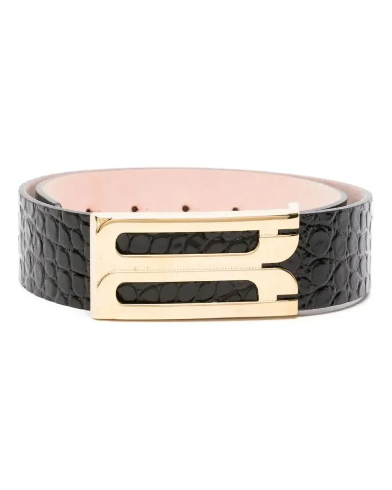 Victoria Beckham Gürtel Embossed Crocodile Effect Black Calf Leather Belt schwarz Schwarz