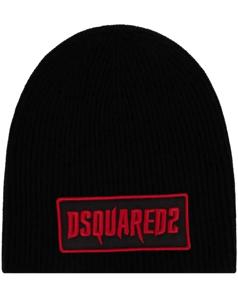 Dsquared2 Caps & Mützen Gothic Logo Patch Knit Wool Beanie schwarz Schwarz