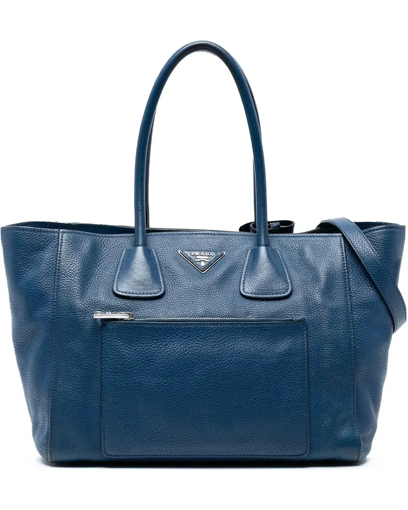 Prada Hobo Bags Vitello Daino Front Pocket Open Convertible Tote blau Blau