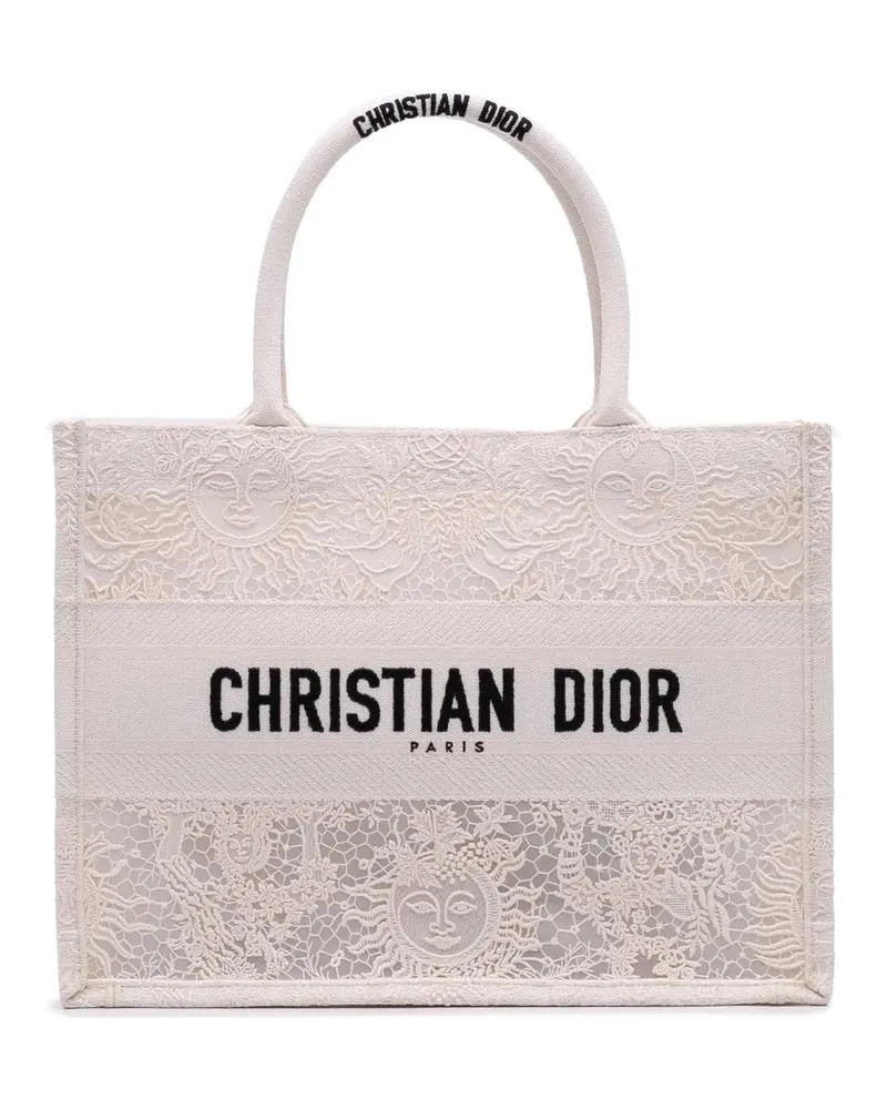 Dior Shopper Medium Canvas D Lace Sun Embroidery Book Tote weiß Weiß