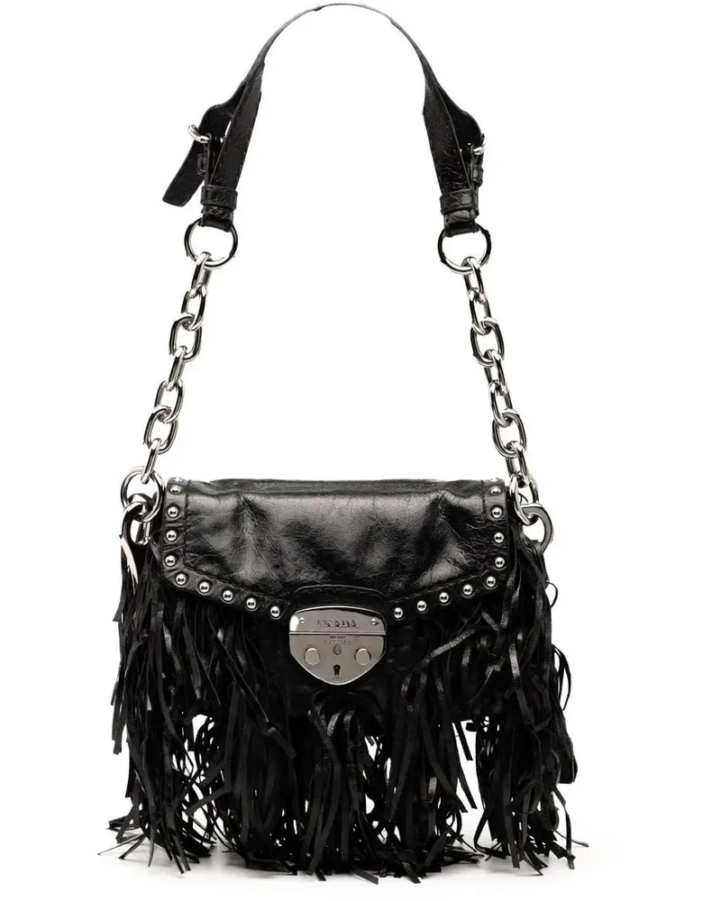 Prada Hobo Bags Vitello Shine Fringe Studded Flap Hobo schwarz Schwarz