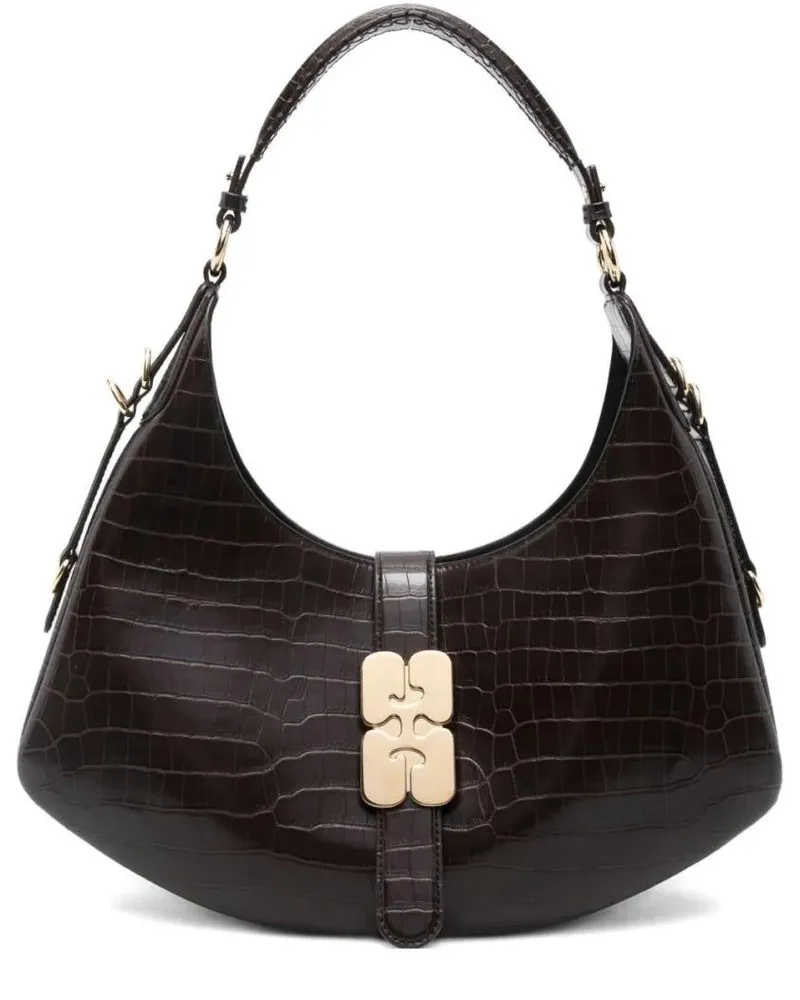 Ganni Hobo Bags Crescent Shape Crocodile-Embossed Shoulder Bag schwarz Schwarz