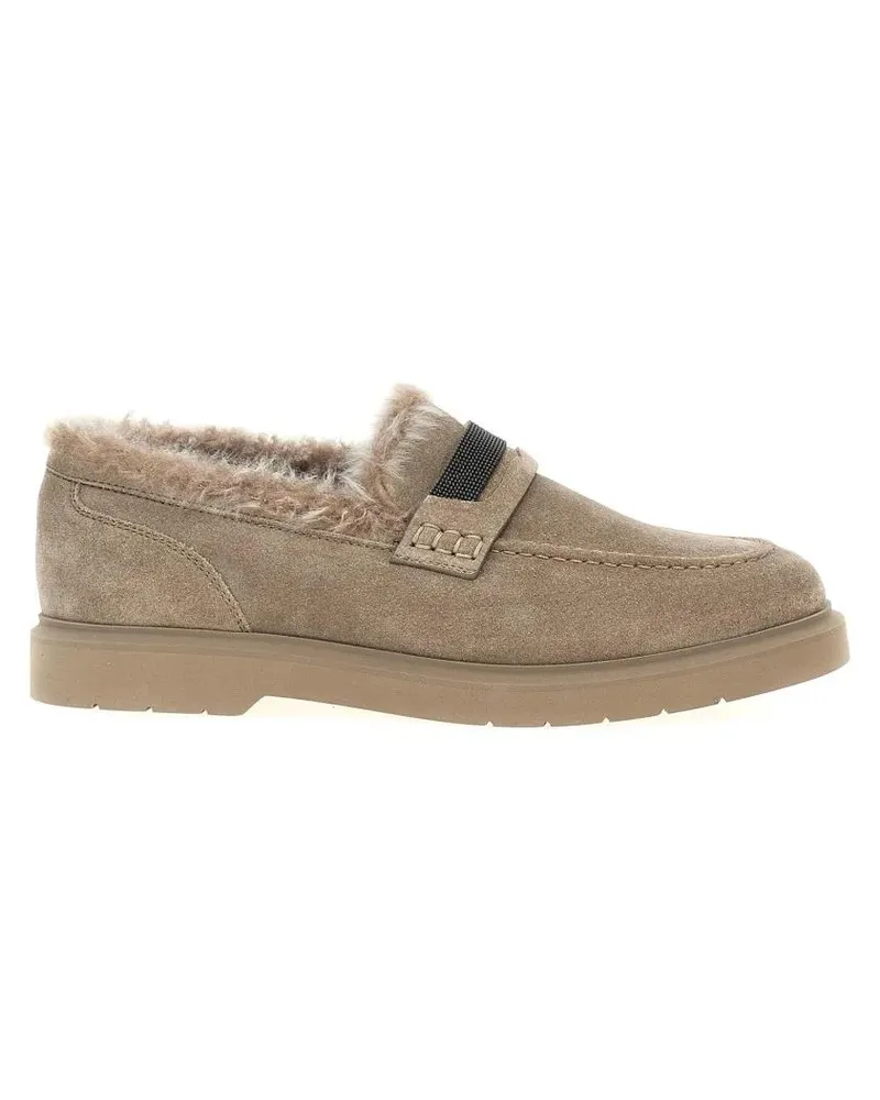 Brunello Cucinelli Suede Loafers With Monile Detail And Fur Lining beige Beige