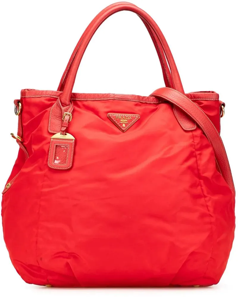 Prada Hobo Bags Vitello Daino Trimmed Tessuto Satchel rot Rot