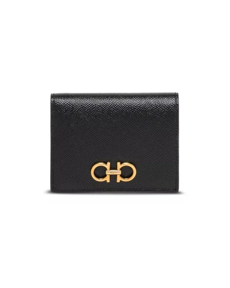 Ferragamo Portemonnaies Gancini' Black Bifold Wallet In Grained Leather Schwarz