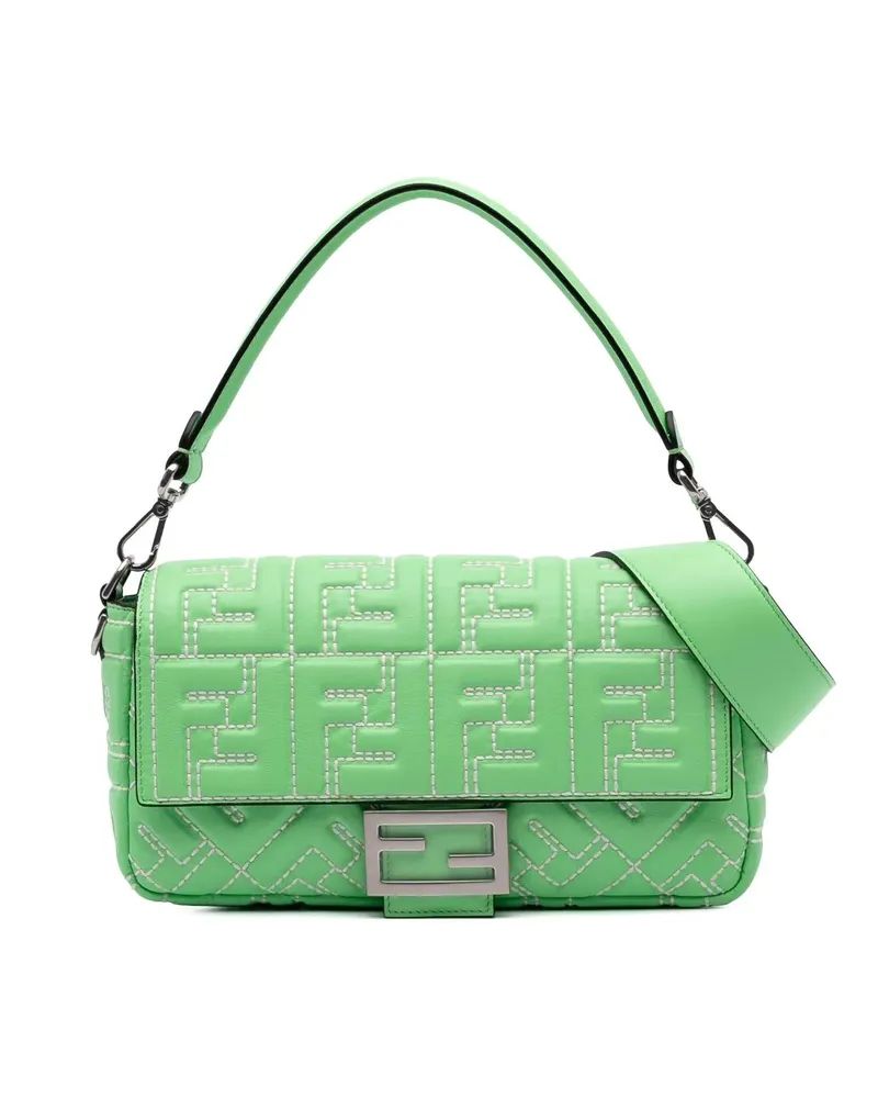Fendi Hobo Bags Zucca Embossed Stitched Leather Baguette Satchel grün Grün