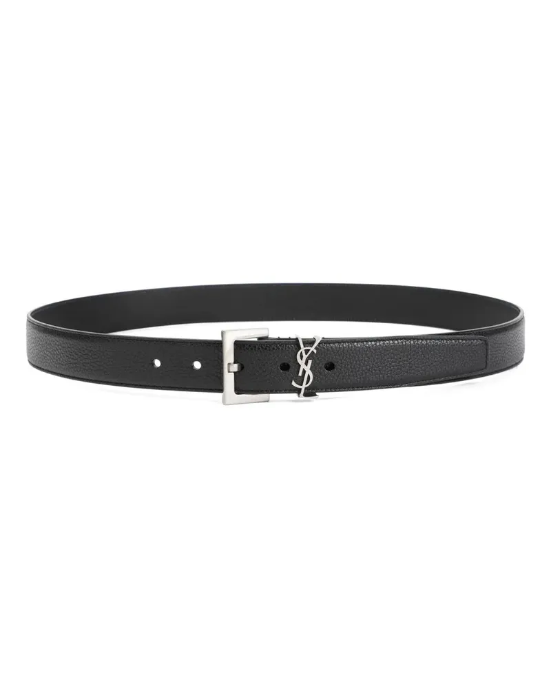 Saint Laurent Gürtel Grained Calf Leather Belt With Silver-Tone Squared schwarz Schwarz