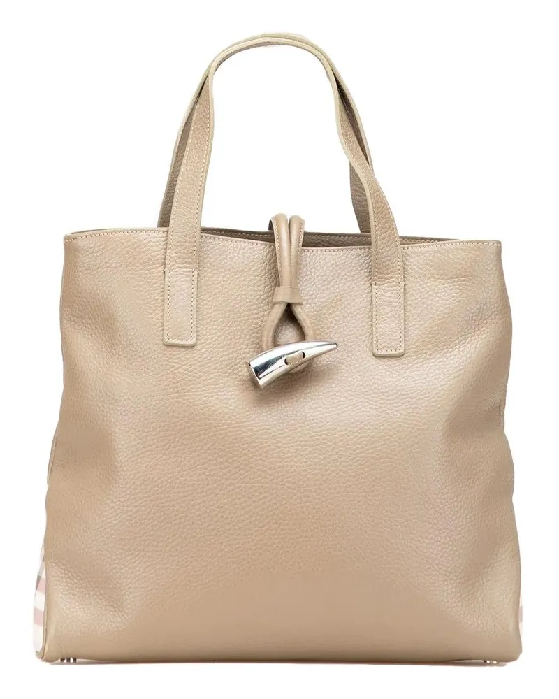Burberry Shopper House Check Trimmed Grainy Calfskin Horn Toggle To braun Braun