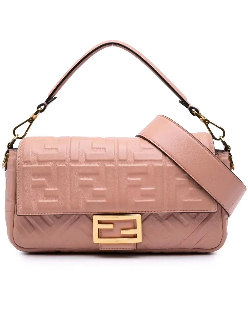 Fendi Hobo Bags Medium Leather Embossed FF Baguette Satchel rosa Gold