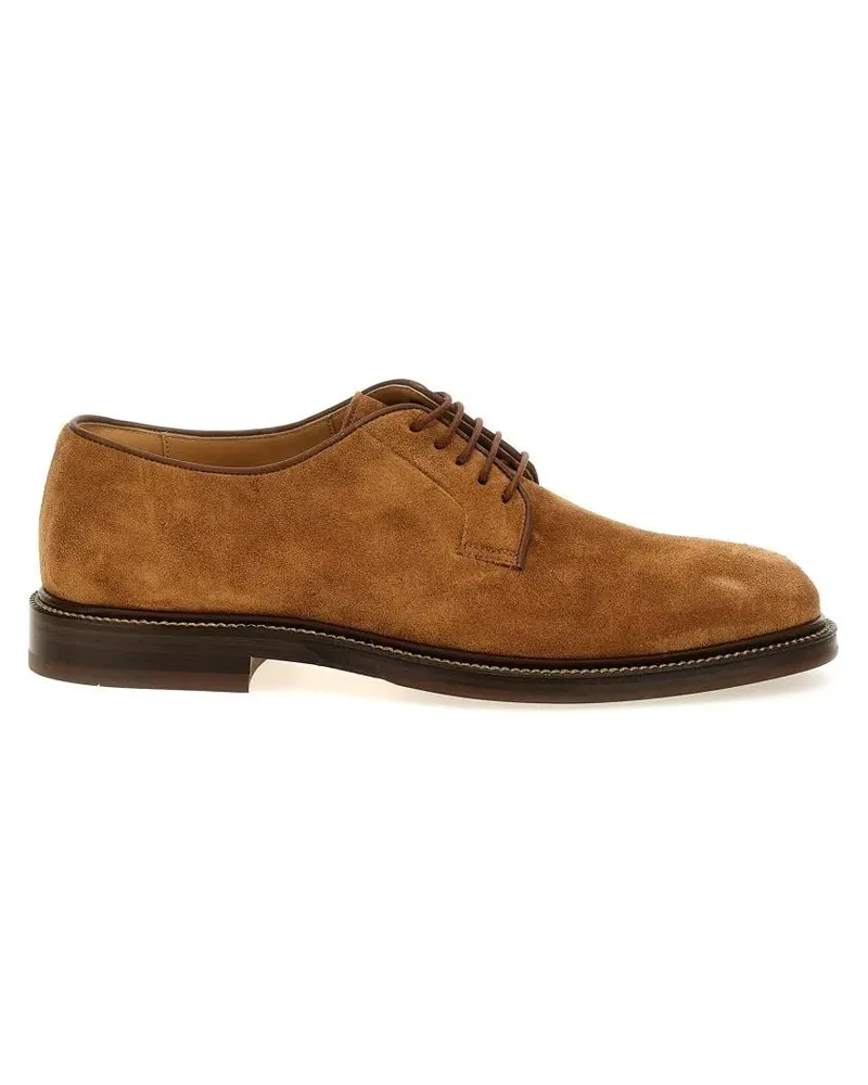 Brunello Cucinelli Brown Suede Derby Shoes With Lace-Up Design And Du braun Braun