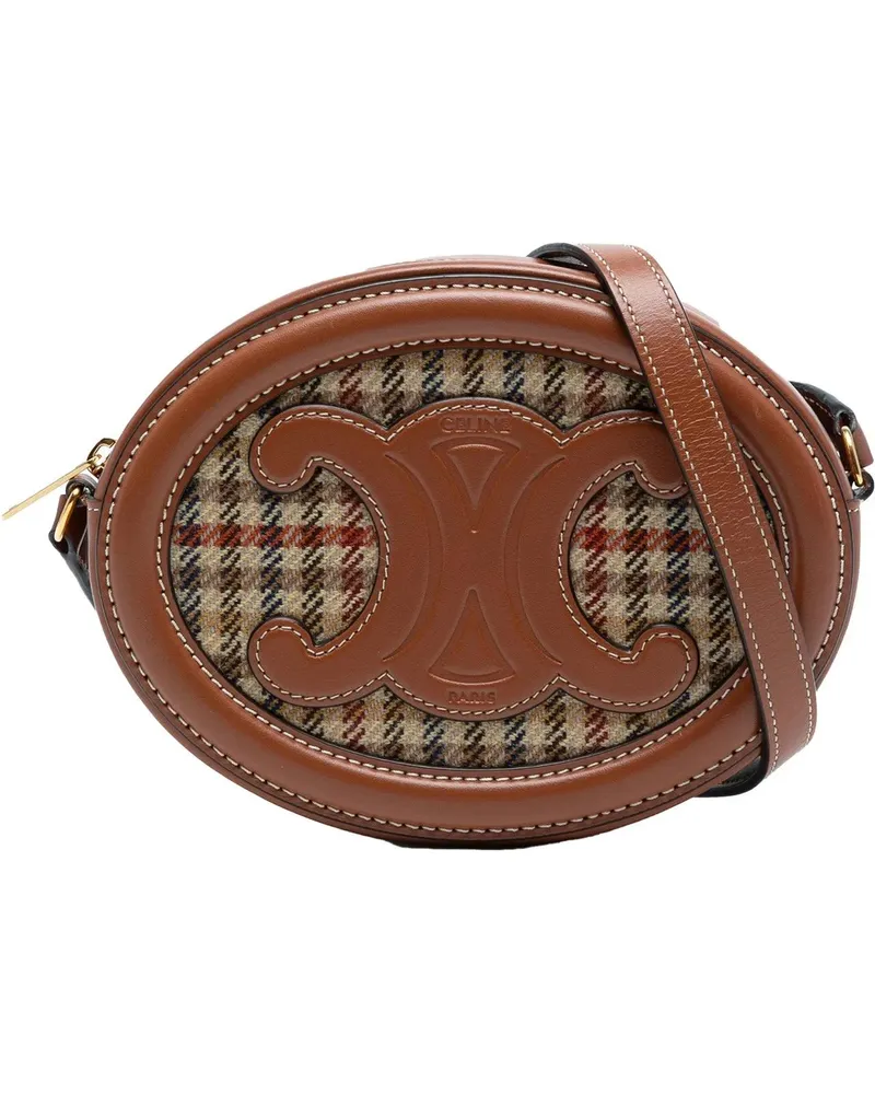 Celine Hobo Bags Small Houndstooth Canvas and Calfskin Cuir Triomph braun Braun