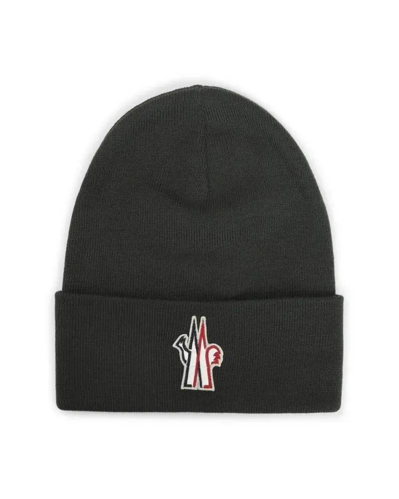 Moncler Caps & Mützen Knitted Black Beanie With Logo Patch And Folded Cu schwarz Schwarz