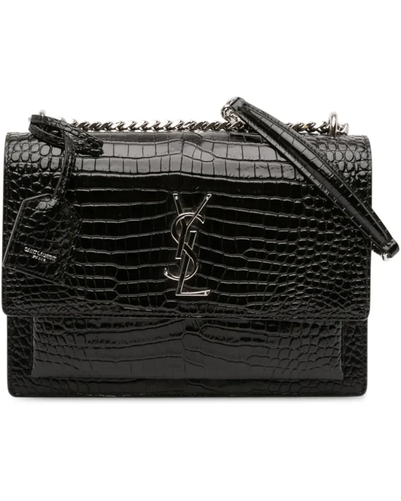 Saint Laurent Hobo Bags Medium Croc Embossed Leather Sunset Crossbody schwarz Schwarz