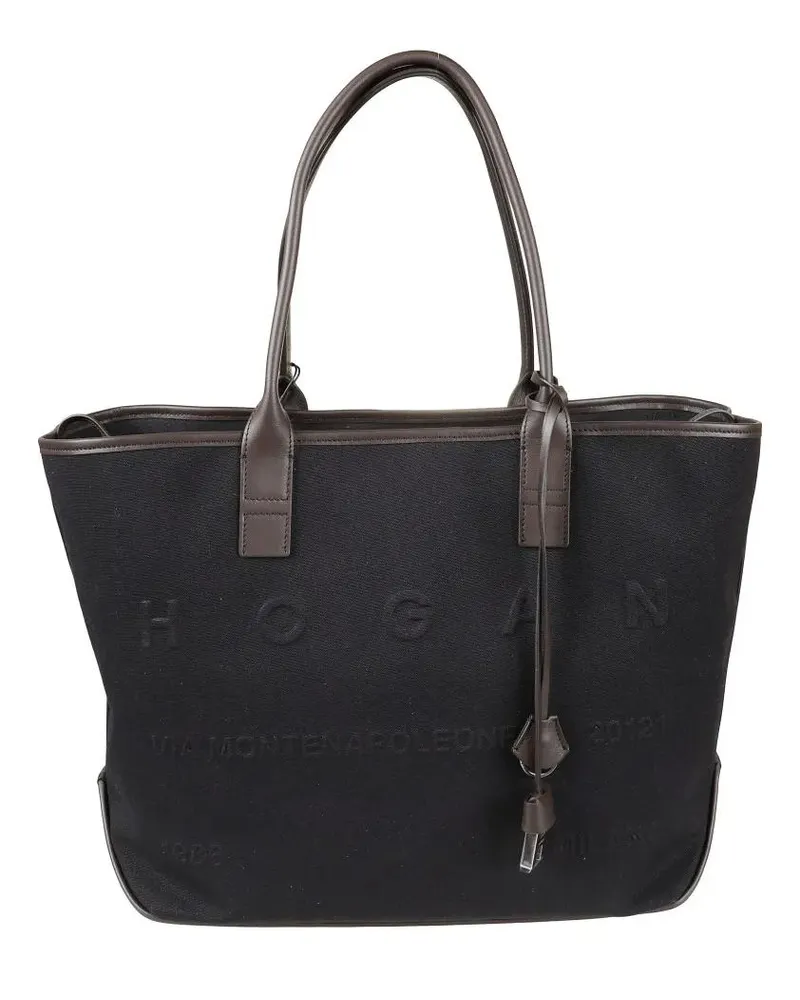 Hogan Shopper & Totes Structured Black Canvas Tote Bag With Embossed Bra schwarz Schwarz