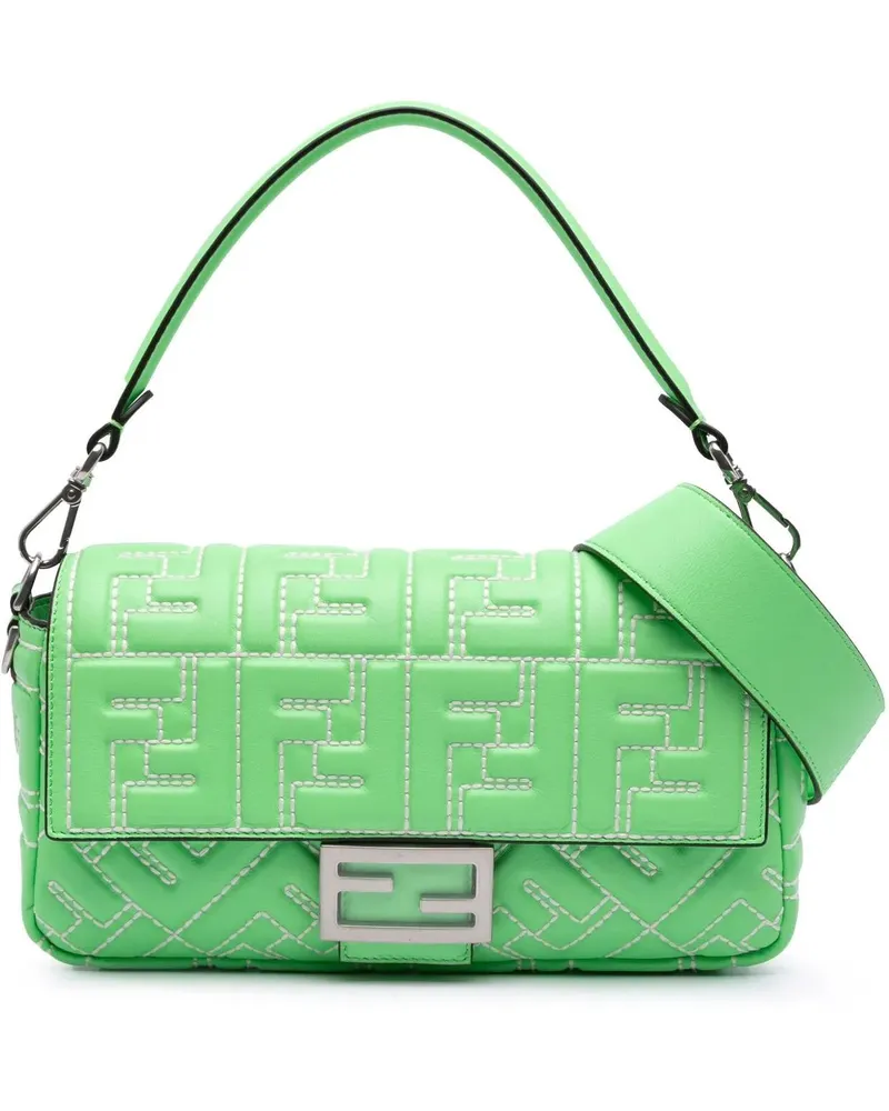 Fendi Hobo Bags Medium Leather Embossed FF Baguette Satchel grün Grün