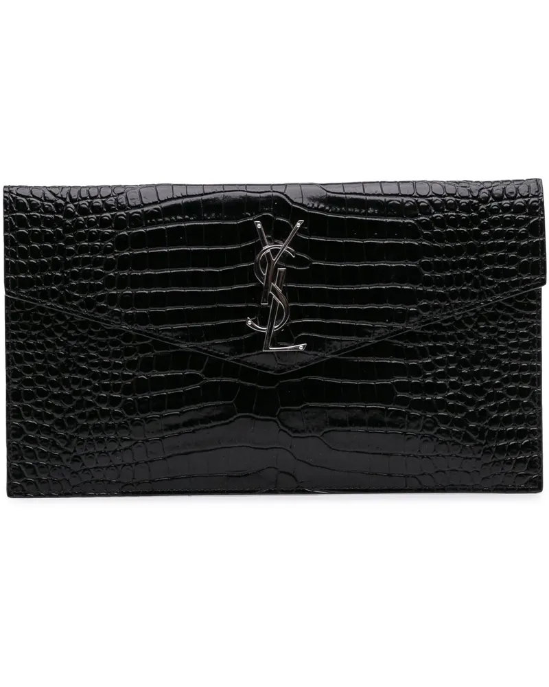 Saint Laurent Clutches Croc Embossed Patent Leather Uptown Pouch schwarz Schwarz