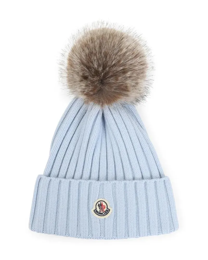 Moncler Caps & Mützen Ribbed Knit Hat With Fluffy Pom-Pom blau Blau