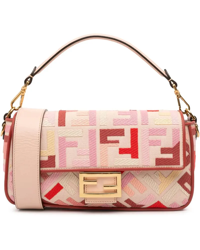 Fendi Hobo Bags Zucca Embroidered Canvas Baguette Satchel rosa Gold