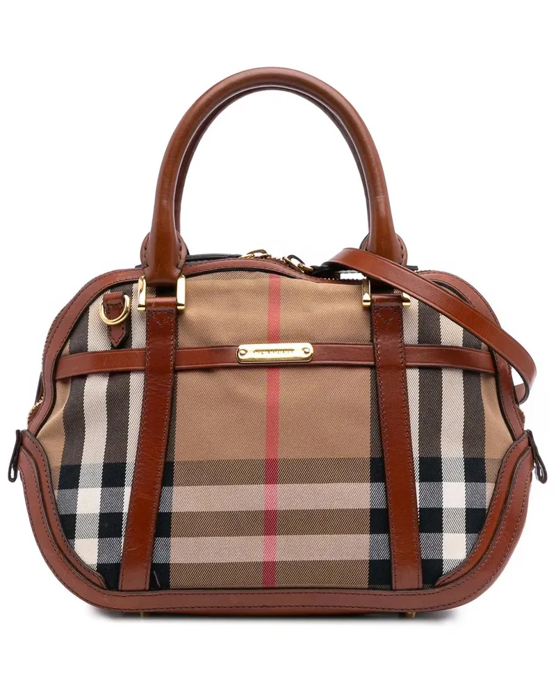 Burberry Hobo Bags Small Leather Trimmed House Check Canvas Bridle Or braun Braun