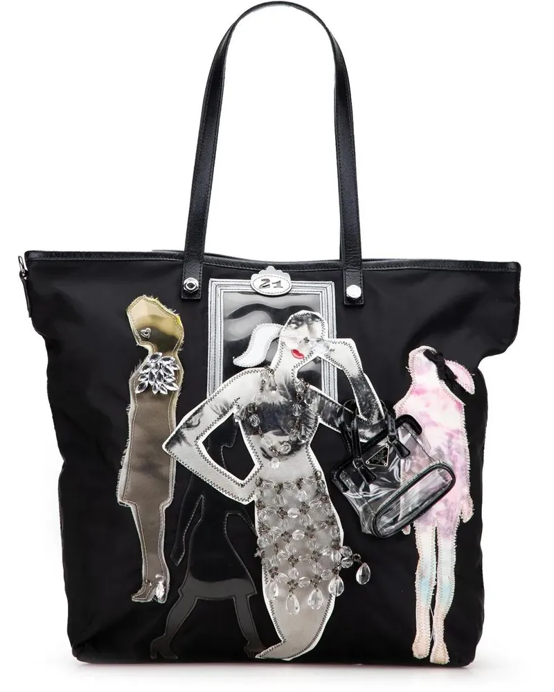 Prada Hobo Bags Saffiano Trimmed Tessuto Robot Satchel schwarz Schwarz