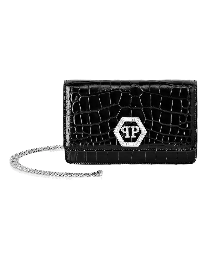 Philipp Plein Hobo Bags Klappentasche Hexagon Crocco Print schwarz Schwarz