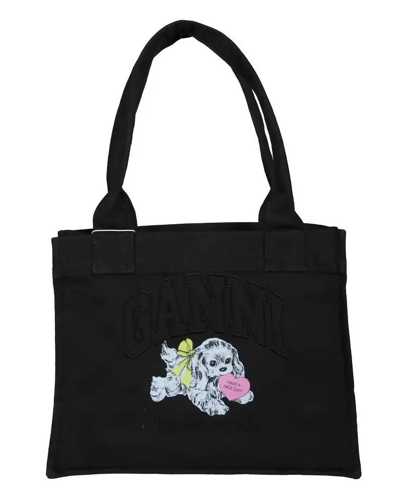 Ganni Shopper & Totes Large Easy Shopper Pocket Dog Print schwarz Schwarz
