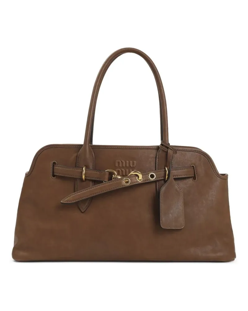 Miu Miu Hobo Bags Rectangular Smooth Lamb Leather Handbag With Gold- braun Braun