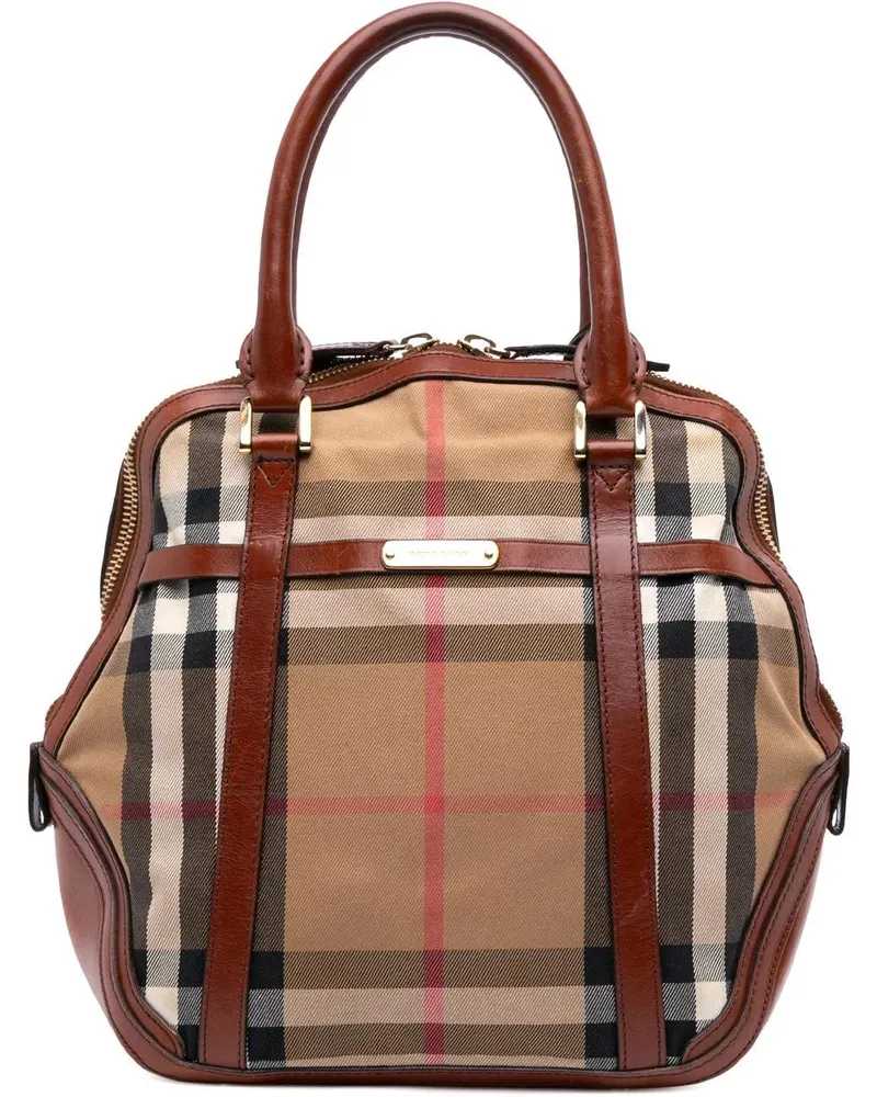 Burberry Hobo Bags Small Leather Trimmed House Check Canvas Bridle Or braun Braun