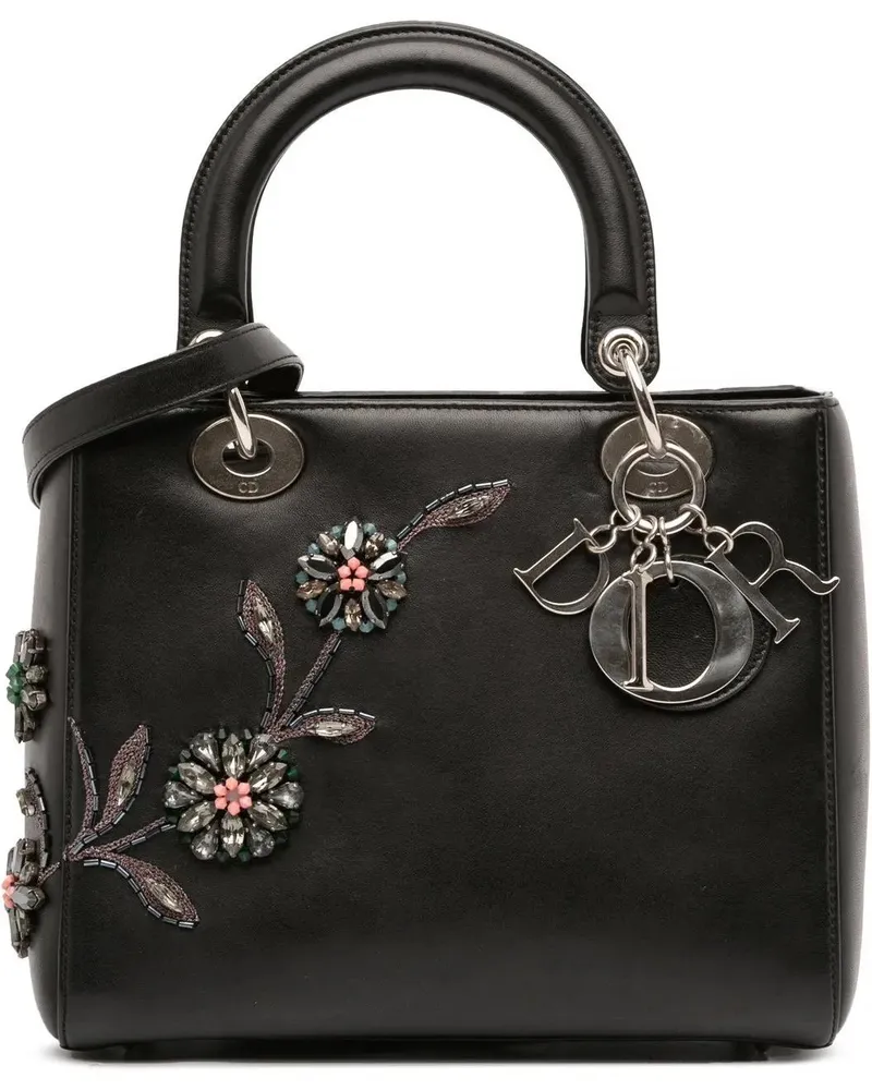 Dior Hobo Bags Medium Beaded Floral Embellished Lambskin Lady Dio schwarz Schwarz