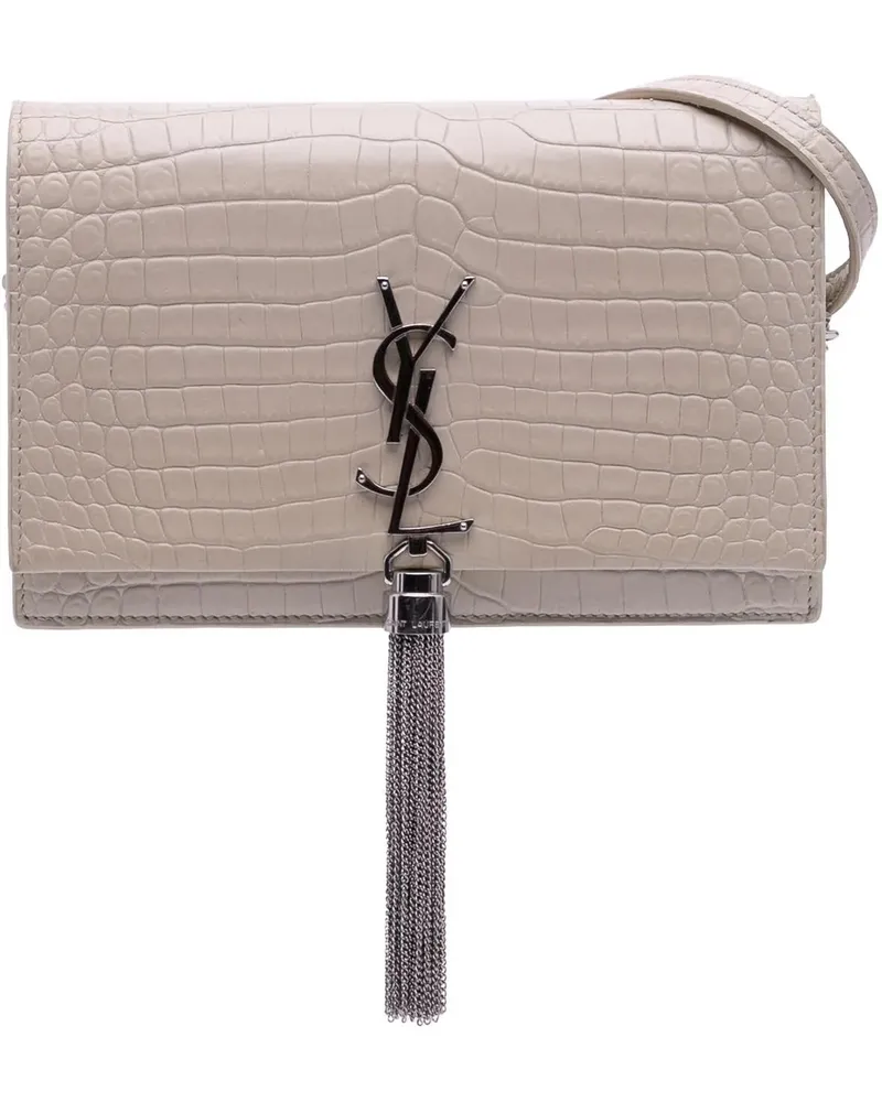 Saint Laurent Hobo Bags Croc Embossed Leather Monogram Kate Tassel Wallet weiß Weiß