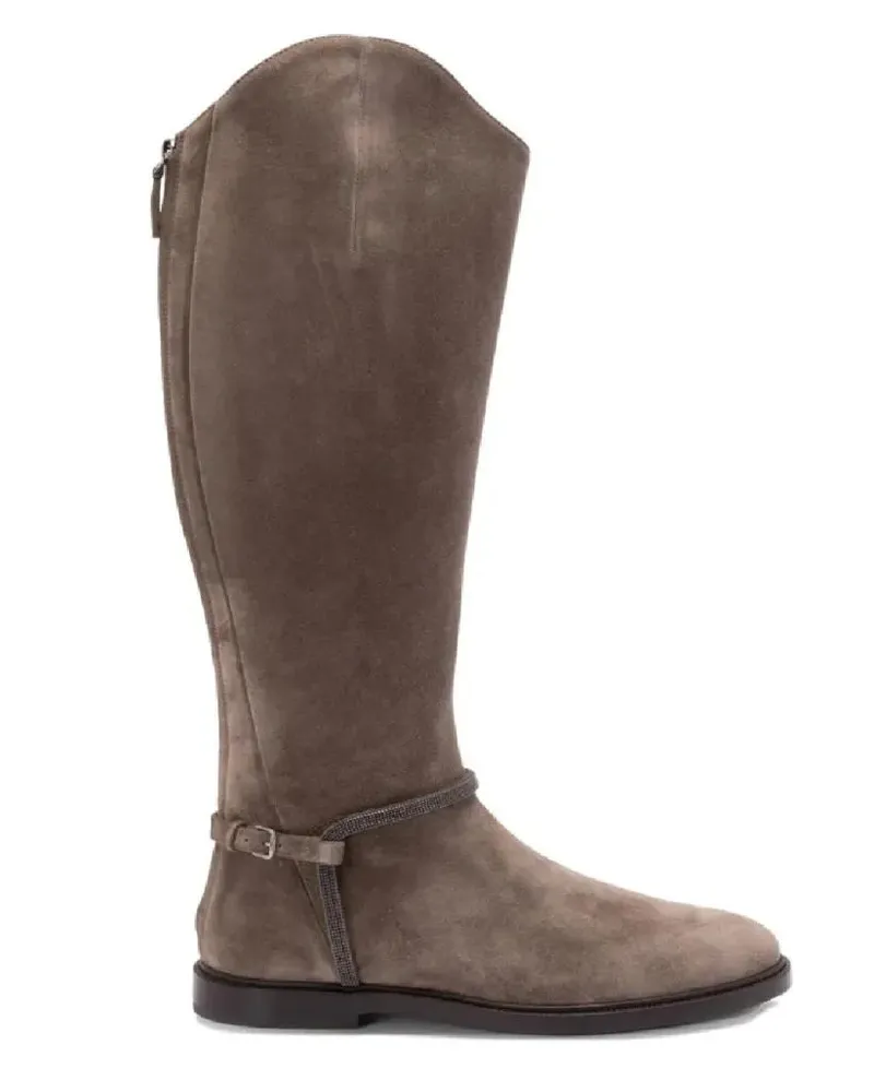 Brunello Cucinelli Stiefel Suede Tall Boots With Ankle Strap grau Grau