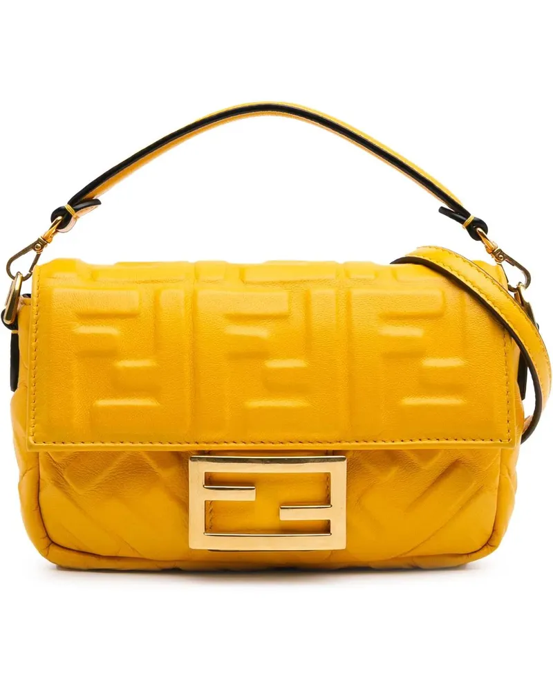 Fendi Hobo Bags 2010-2025 Mini Zucca Embossed Leather Baguette Sat gelb Gelb