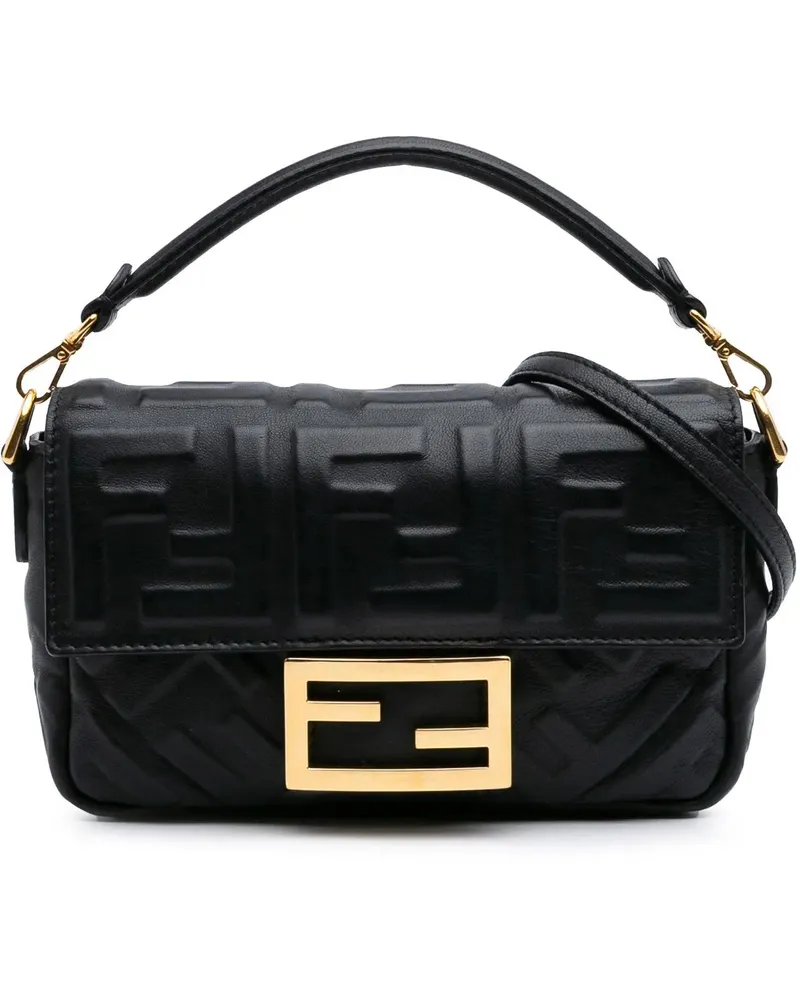Fendi Hobo Bags 2010-2025 Mini Zucca Embossed Leather Baguette Sat schwarz Schwarz