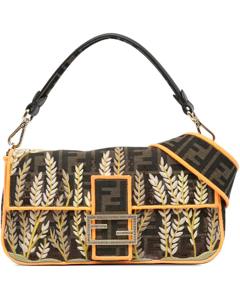Fendi Hobo Bags Zucca Embroidered Canvas Baguette Satchel braun Braun