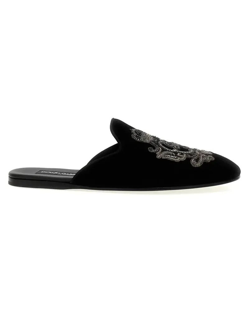 Dolce & Gabbana Slipper & Pantoletten Velvet Slippers With Embroidered Coat Of Arms schwarz Schwarz