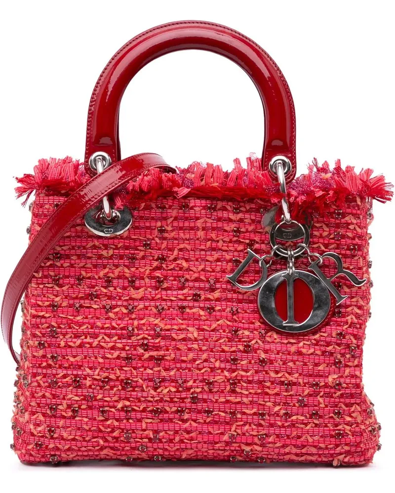 Dior Hobo Bags Medium Tweed Fringe Rhinestone Lady Dior rot Rot
