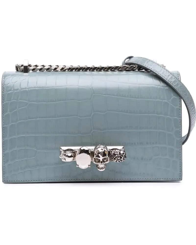 Alexander McQueen Hobo Bags Croc Embossed Calfskin Skull Knuckle Duster Crossb blau Blau