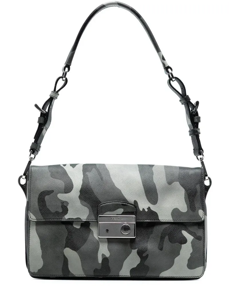 Prada Hobo Bags Saffiano Camouflage Sound Lock Shoulder Bag grau Grau