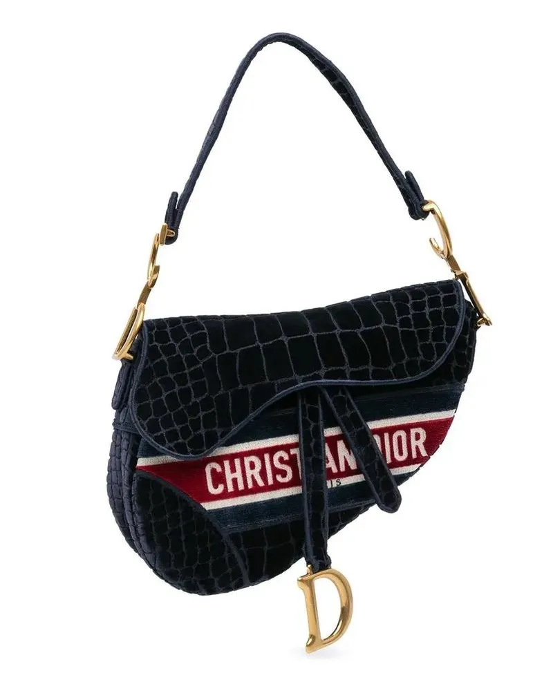 Dior Hobo Bags 2021 Velvet Crocodile Effect Embroidered Saddle Ba blau Blau