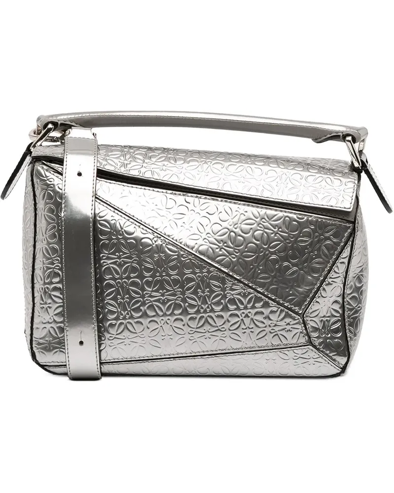 Loewe Hobo Bags Small Anagram Embossed Patent Puzzle Satchel silberfarben Silber